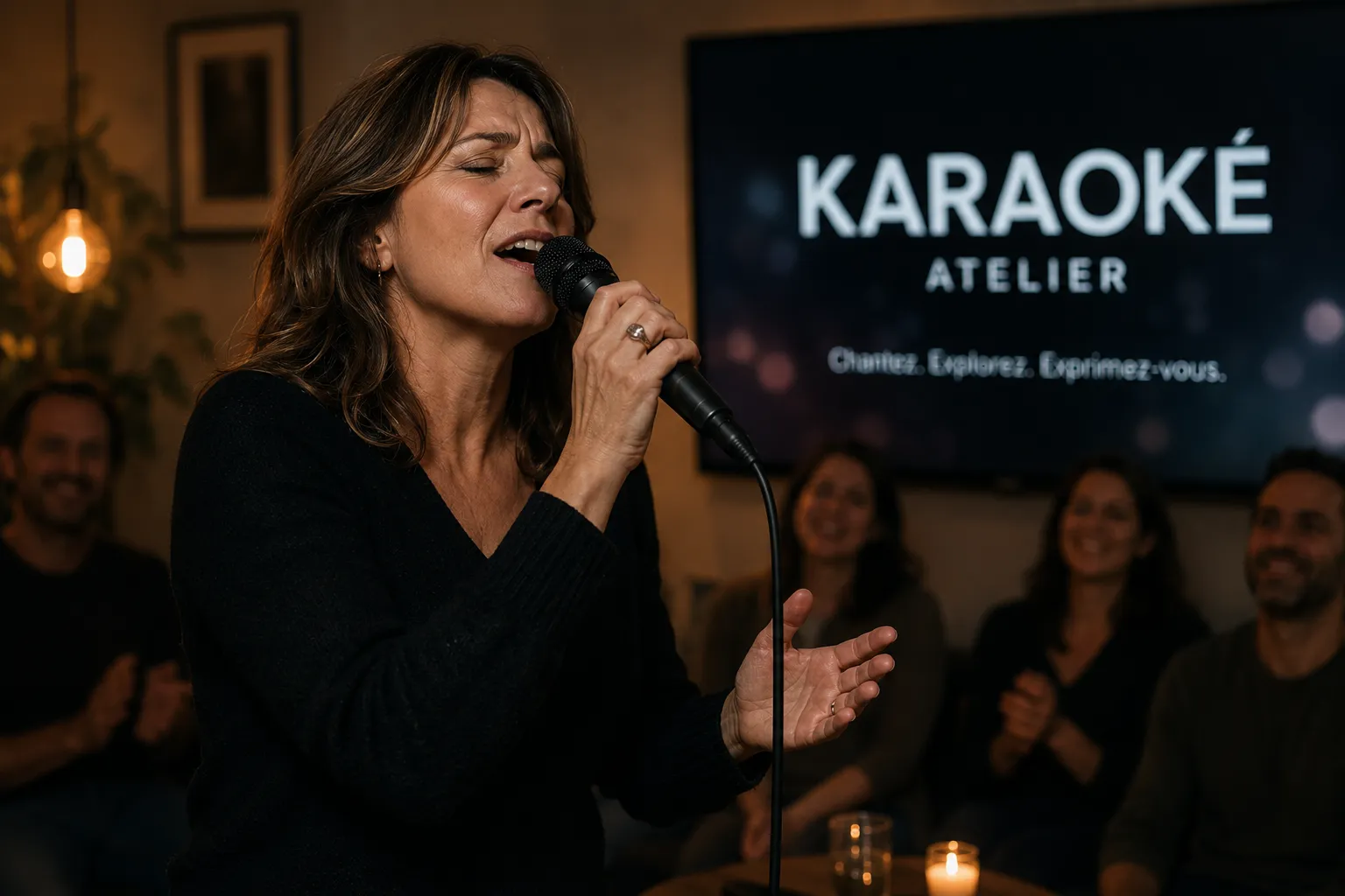 Une participante chante pendant un atelier karaoké